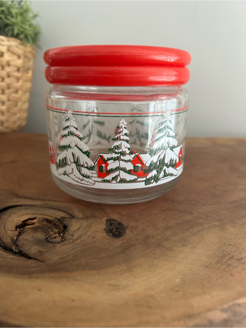 Vintage Holiday Glass Jar with Red Lid Winter snow scene- Festive